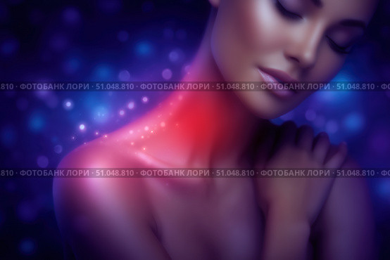 Neck pain, woman suffering from ache, health problems concept. Стоковое AI-изображение, AI-художник Станислав Тарко / Фотобанк Лори