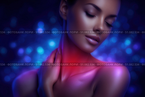Neck pain, woman suffering from ache, health problems concept. Стоковое AI-изображение, AI-художник Станислав Тарко / Фотобанк Лори
