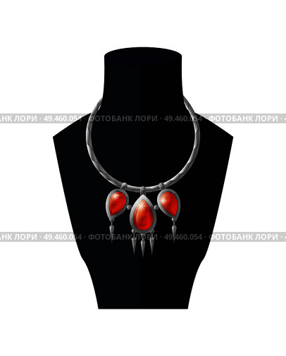 Necklace with precious red stones on black mannequin jewelry accessory item isolated on white background. Choker ornamental chain with rubins vector. Necklace with Precious Red Stones Black Mannequin. Стоковая иллюстрация, агентство Ingram Publishing / Фотобанк Лори