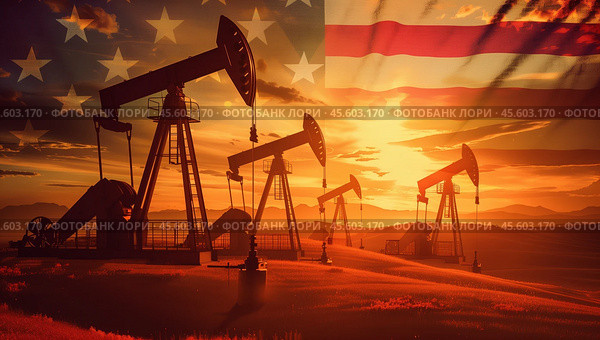 Нефтяные вышки с флагом США. Стоковое AI-изображение, AI-художник Александр Жуков / Фотобанк Лори