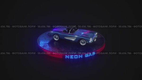 Neon gas retro car. Neon light, fog rain and night. Color reflections on wet asphalt. 3D illustration. 4K video. Стоковая анимация, аниматор Николай Евсюков / Фотобанк Лори