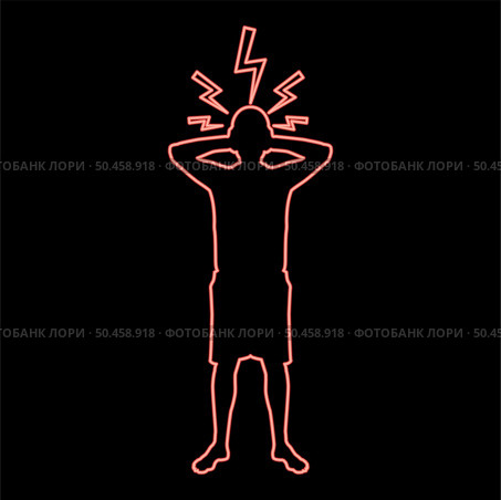 Neon man holding hand near head with lightning thunderbolt Concept trouble problem people silhouette red color vector illustration image flat style light. Neon man holding hand near head with lightning thunderbolt Concept trouble problem people silhouette red color vector illustration image flat style. Стоковая иллюстрация, агентство Ingram Publishing / Фотобанк Лори