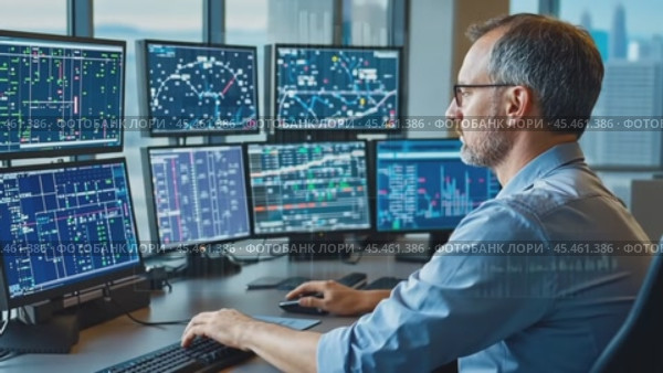 Network engineer monitoring servers in the data center. Стоковое AI-видео, аниматор Юрий Поздников / Фотобанк Лори