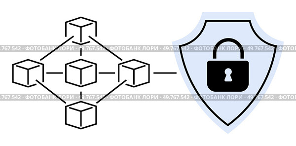 Network of interconnected blocks leads to a security shield with a lock. Ideal for cybersecurity, data protection, blockchain technology, secure transactions, network security. Simple, minimalistic ve. Network of Interconnected Blocks and Security Shield with Lock Icon in Vector Style. Стоковая иллюстрация, агентство Ingram Publishing / Фотобанк Лори