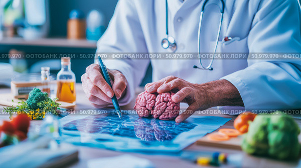 Neurological Research: Doctor Examining Brain and Scan with Healthy Foods. Стоковое AI-изображение, AI-художник Данила Большаков / Фотобанк Лори