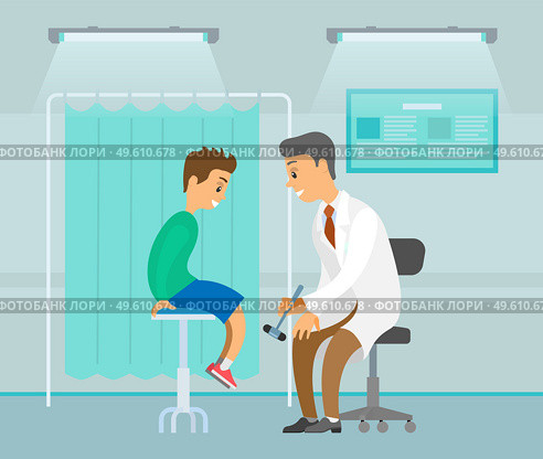 Neuropathologist examining patient use reflex hammer. People on the background of a medical screen. Boy visits therapist during regular checkup. Physician work at medical cabinet. Patient health check. Neuropathologist examining reflex with hammer. Boy with a doctor on the background of medical screen. Стоковая иллюстрация, агентство Ingram Publishing / Фотобанк Лори
