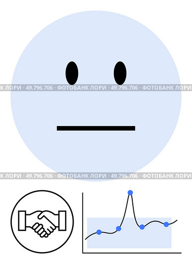 Neutral face handshake symbol, and data graph highlight themes of business stability, partnership, analysis, strategy, collaboration, emotion, and communication. Line metaphor. Neutral Emoticon with Business Partnership and Data Analysis Elements Indicating Stability. Стоковая иллюстрация, агентство Ingram Publishing / Фотобанк Лори