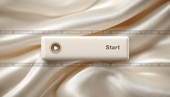 Neutral toned play button positioned on smooth silk fabric, highlighting minimalist design with soft undulating surface and refined textural qualities. Стоковое AI-изображение, AI-художник Юрий Поздников / Фотобанк Лори