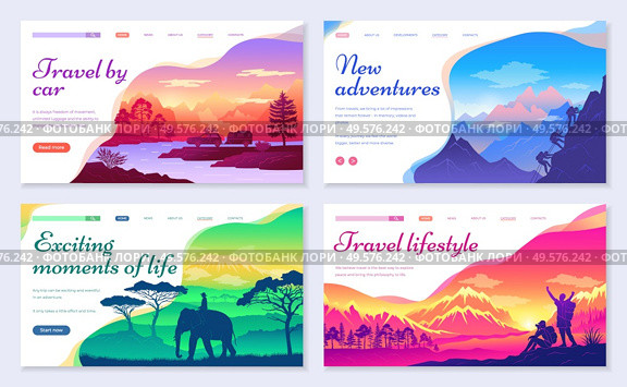 New adventures and exciting moments of life. Travel by car and traveling as lifestyle set. Mountaineering and hiking, riding elephant in Asian country. Landscapes sceneries. Website or webpage vector. Travel by Car, Traveling Lifestyle Set of Websites. Стоковая иллюстрация, агентство Ingram Publishing / Фотобанк Лори