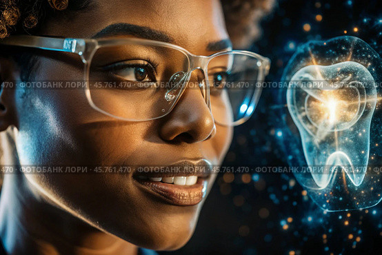 New digital artificial intelligence technologies in dental prosthetics. Implants. A black female dentist with a perfect smile and digital dental graphics on a virtual screen. The concept of dental health and dental care. Стоковое AI-изображение, AI-художник Photojuli / Фотобанк Лори