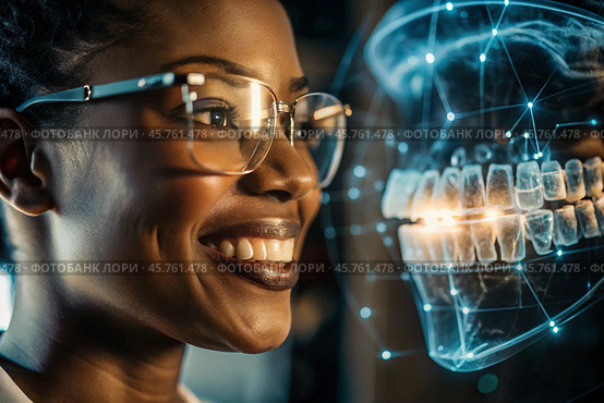 New digital artificial intelligence technologies in dental prosthetics. Implants. A black female dentist with a perfect smile and digital dental graphics on a virtual screen. The concept of dental health and dental care. Стоковое AI-изображение, AI-художник Photojuli / Фотобанк Лори