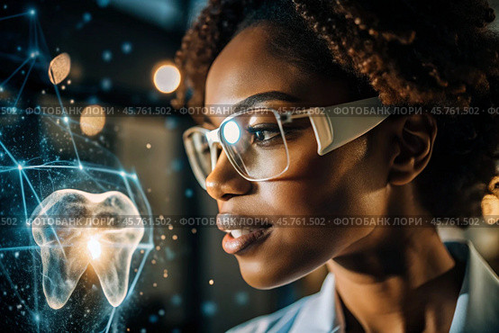 New digital artificial intelligence technologies in dental prosthetics. Implants. A black female dentist with a perfect smile and digital dental graphics on a virtual screen. The concept of dental health and dental care. Стоковое AI-изображение, AI-художник Photojuli / Фотобанк Лори