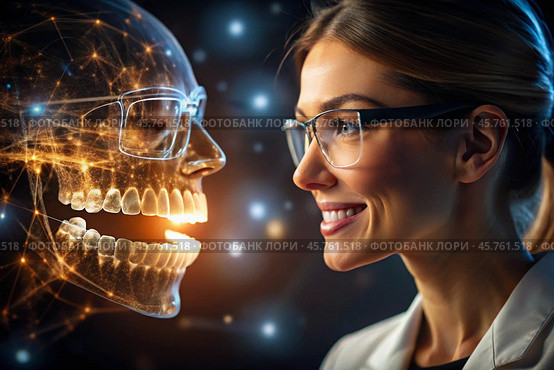 New digital artificial intelligence technologies in dental prosthetics. Implants. A female dentist with a perfect smile and digital dental graphics on a virtual screen. The concept of dental health and dental care. Стоковое AI-изображение, AI-художник Photojuli / Фотобанк Лори