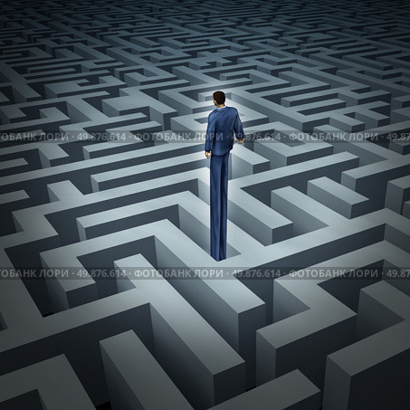 New leadership vision for finding solutions with a businessman who has grown long legs to see above through a complicated maze or labyrinth as a business concept of innovative thinking for financial success. Стоковое фото, агентство Ingram Publishing / Фотобанк Лори