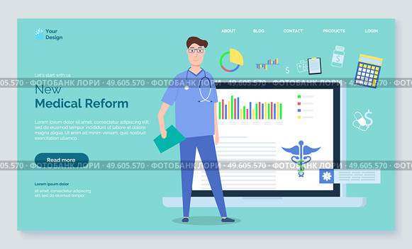 New medical reform landing page template, man doctor wearing uniform with stethoscope against laptop monitor with report statistical chart and medical snake caduceus sign, vector webpage design. New medical reform landing page template, man doctor wearing uniform against laptop monitor. Стоковая иллюстрация, агентство Ingram Publishing / Фотобанк Лори