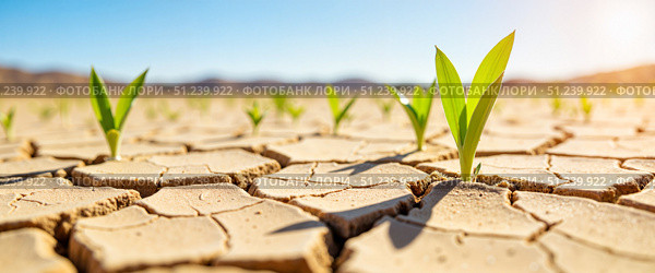New sprouts emerge from cracked earth in arid landscape during sunny afternoon. Стоковое AI-изображение, AI-художник Ольга Невская / Фотобанк Лори