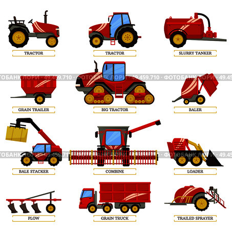 New tractors, slurry tanker, grain trailer or truck, small baler, bale stacker, big combine, compact loader, trailed sprayer and plow vectors agricultural machinery. Agricultural Machinery to Collect Harvest Set. Стоковая иллюстрация, агентство Ingram Publishing / Фотобанк Лори