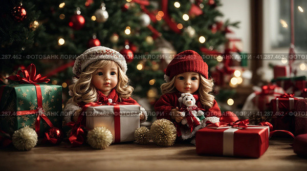 New Year gifts, Christmas decorations and toy doll. Стоковое AI-изображение, AI-художник Степан Хаджи / Фотобанк Лори