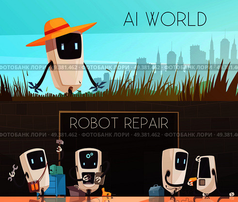 Next generation artificial autonomous socializing robots assistants performing diagnostic and reparation horizontal cartoon banners isolated vector illustration. Robots Repair Horizontal Banners Set . Стоковая иллюстрация, агентство Ingram Publishing / Фотобанк Лори
