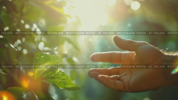 Нежная рука тянется к залитым солнцем листьям в спокойной лесной обстановке с солнечными лучами и утренней росой. Стоковое AI-видео, аниматор ФотоИнтеллект / Фотобанк Лори