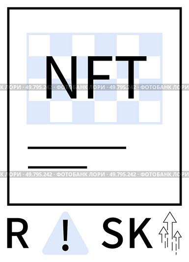 NFT text against a light blue checkered background, lines underneath, RISK text with exclamation mark in triangle and rising arrows. Ideal for finance, crypto, investment, warnings, education. NFT Risk Awareness with Checkered Background, Text, and Alert Symbols Highlighting Investment Volatility. Стоковая иллюстрация, агентство Ingram Publishing / Фотобанк Лори