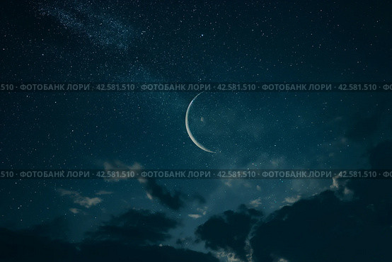 Night Sky with Crescent Moon. Стоковое AI-изображение, AI-художник Кирилл Черезов / Фотобанк Лори