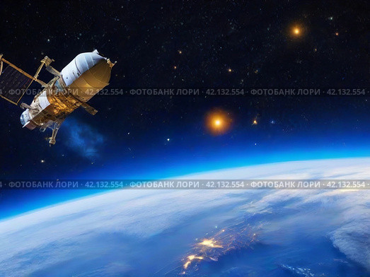 Night view of the Earth from a satellite. Space. Planet in the universe. Стоковое AI-изображение, AI-художник Сергей Елизарьев / Фотобанк Лори
