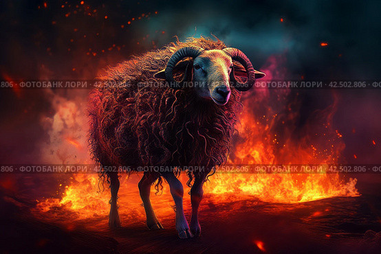 Nightmare ram burning in fire flames. Generate ai. Стоковое AI-изображение, AI-художник Иван Рябоконь / Фотобанк Лори