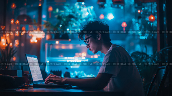 Nighttime Coder: A Young Person Works on a Laptop in a Vibrant Cafe. Стоковое AI-изображение, AI-художник Данила Большаков / Фотобанк Лори