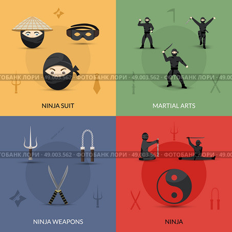 Ninja design concept set with suit weapon and martial arts flat icons isolated vector illustration. Ninja Icons Set. Стоковая иллюстрация, агентство Ingram Publishing / Фотобанк Лори
