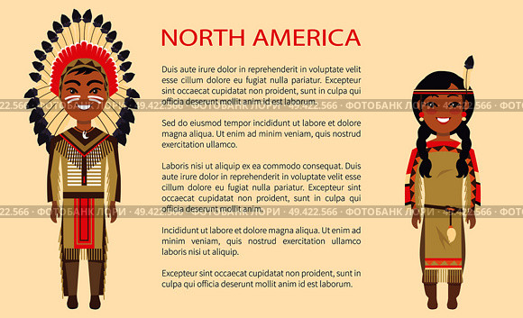 North america traditional costumes in which man and woman are dressed, vector international day poster ethnic people with text, native indians. North America Traditional Vector Illustration. Стоковая иллюстрация, агентство Ingram Publishing / Фотобанк Лори