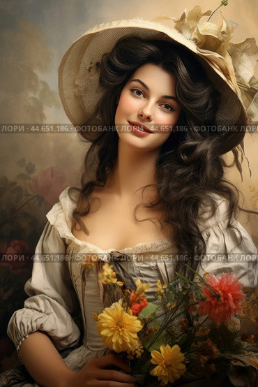 Nostalgia for old Paris: Acryl photo effect of young French woman with flowers, 18th century. Стоковое AI-изображение, AI-художник Veniamin Kraskov / Фотобанк Лори