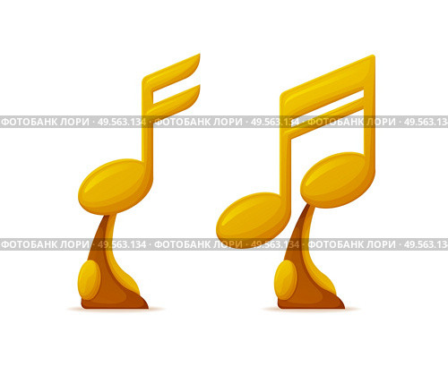 Note shaped music awards, gold trophy cups vector. Musical art achievement, singers and composers talent reward for best song, melody or composition. Music Awards in Shape of Notes, Gold Trophy Cups. Стоковая иллюстрация, агентство Ingram Publishing / Фотобанк Лори