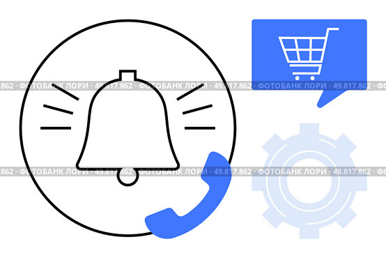 Notification bell emitting signals, phone receiver, shopping cart in a speech bubble, and gear symbolizing settings. Ideal for alerts, notifications, ecommerce, customer service, technical settings. Notification Bell with Phone Receiver, Shopping Cart, and Gear Icons Representing Communication Settings. Стоковая иллюстрация, агентство Ingram Publishing / Фотобанк Лори