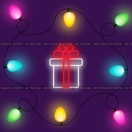 Новогодние фонарики с подарочной коробкой и гирляндой в неоновом стиле. Christmas lights with gift box and garland in neon style. Стоковая иллюстрация, иллюстратор Ирина Щербакова / Фотобанк Лори