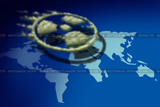 Nuclear fallout radioactive cloud over the world as a gas shaped as a radiation icon drifting over a symbol of the planet in a 3D illustration style. Стоковое фото, агентство Ingram Publishing / Фотобанк Лори