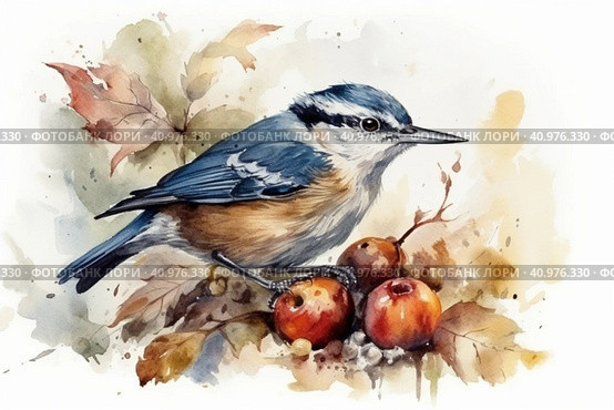 Nuthatch on a white background, watercolor style, Generative AI. Стоковое AI-изображение, AI-художник Анна Кривицкая / Фотобанк Лори