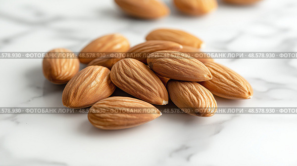 Nuts are arranged on a marble surface showcasing detailed textures. Орехи разложены на мраморной поверхности, демонстрирующей детальные текстуры. Стоковое AI-изображение, AI-художник Katsiaryna Repich / Фотобанк Лори