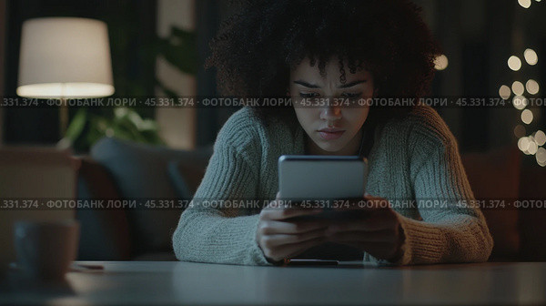 Обеспокоенная женщина уткнулась в смартфон вечером в помещении. Стоковое AI-изображение, AI-художник ФотоИнтеллект / Фотобанк Лори