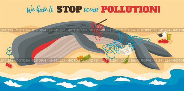 Ocean pollution isometric poster with big dying whale entangled in ropes lying on sea beach vector illustration. Стоковая иллюстрация, агентство Ingram Publishing / Фотобанк Лори