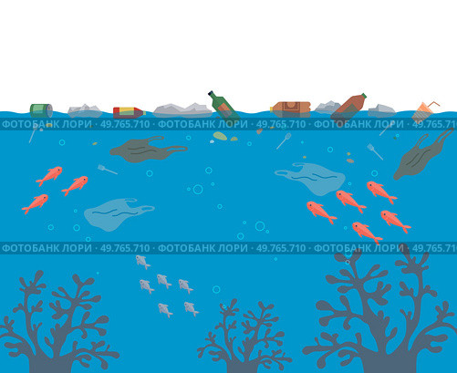 Ocean pollution vector illustration. Impurities in water disrupt natural balance oceans delicate ecosystem Ocean pollution is environmental problem demands urgent and sustained action. Ocean pollution. Ocean contamination is global environmental challenge demands action. Стоковая иллюстрация, агентство Ingram Publishing / Фотобанк Лори