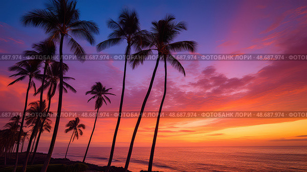 ocean sunsets palm trees ai generated. Стоковое AI-изображение, AI-художник Vectorwin / Фотобанк Лори