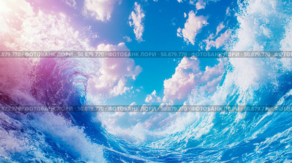Ocean's Embrace: A Tidal Wave Beneath a Sunny Azure Sky. Стоковое AI-изображение, AI-художник Данила Большаков / Фотобанк Лори