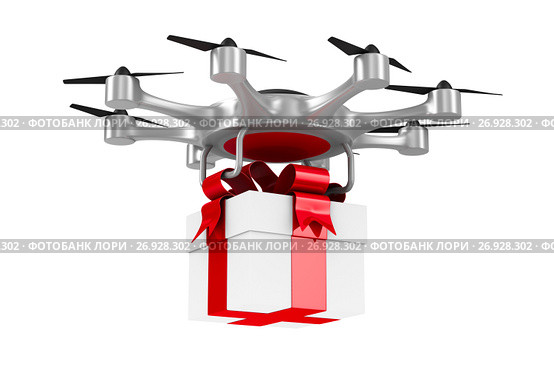 octocopter with gift box on white background. Isolated 3d illustration. Стоковая иллюстрация, иллюстратор Ильин Сергей / Фотобанк Лори