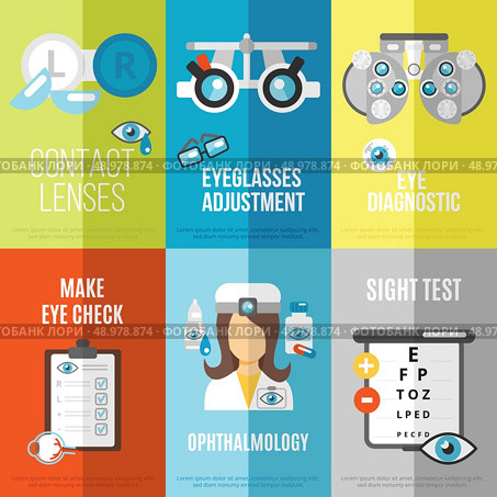 Oculist mini poster set with ophthalmology sight test eyeglasses adjustment isolated vector illustration. Стоковая иллюстрация, агентство Ingram Publishing / Фотобанк Лори