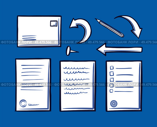 Office document and pin for papers and memo fixation isolated icons set vector. Envelope and correspondence mail. Arrowheads indicators and pencil. Office Document and Pin for Fixation Set Vector. Стоковая иллюстрация, агентство Ingram Publishing / Фотобанк Лори