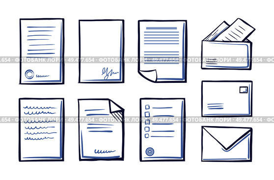Office documents and papers monochrome sketches outline isolated icons set vector. Postal message signs and pages with stamps and signatures of people. Office Documents and Papers Monochrome Set Vector. Стоковая иллюстрация, агентство Ingram Publishing / Фотобанк Лори