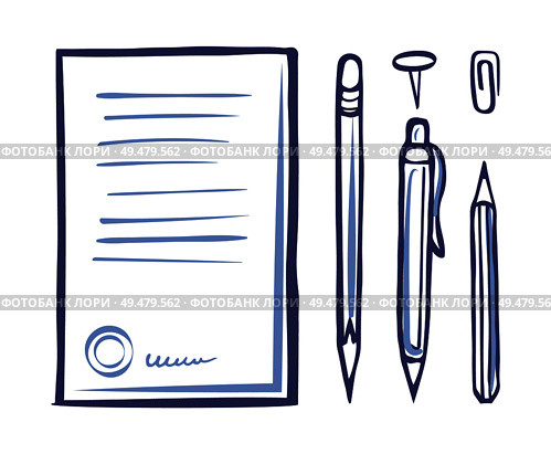 Office supplies and stationery monochrome icons vector. Document and signature at page bottom part, pencil and pen. Pin and clip, writing objects. Office Supplies Stationery Monochrome Icon Vector. Стоковая иллюстрация, агентство Ingram Publishing / Фотобанк Лори