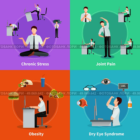 Office Syndrome 2x2 Design Concept . Office syndrome 2x2 flat design concept set of diseases as results of sedentary work vector illustration . Стоковая иллюстрация, агентство Ingram Publishing / Фотобанк Лори