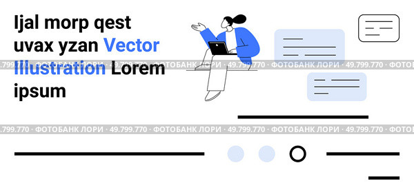 Office worker using a laptop with multiple chat bubbles and text elements. Ideal for modern communication, remote work, digital collaboration, minimalism, productivity, business, workforce. Landing. Office Worker with Laptop and Chat Bubbles in Minimalist Design for Modern Communication. Стоковая иллюстрация, агентство Ingram Publishing / Фотобанк Лори